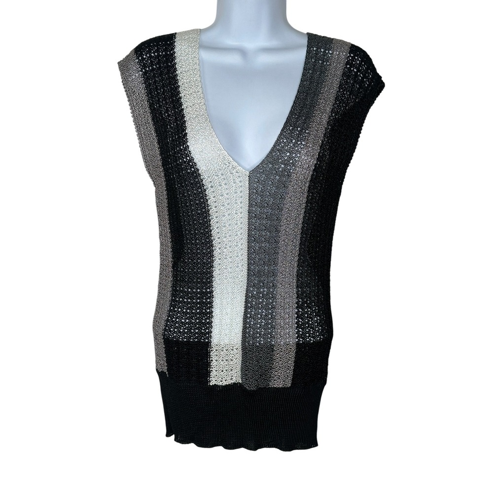Say What? Knit Top Small Black Grey White Striped V-Neck Sleeveless Y2K Grunge